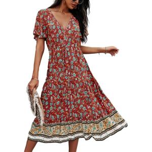 TEMOFON Women Dress Summer Sleeveless Bohemian: Floral V Neck Button Down Flowy Boho Dresses S-XL(Dark Red33)