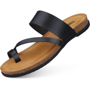 TEMOFON Women Summer Flip Flops: Genuine Leather Sandals, Cork Footbed, Comfortable Arch Support, Black/White/Brown/Nude Thong Sandals Size 5-11(6103-black)
