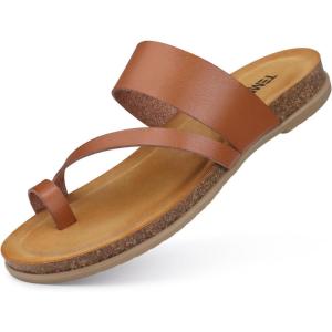 TEMOFON Women Summer Flip Flops: Genuine Leather Sandals, Cork Footbed, Comfortable Arch Support, Black/White/Brown/Nude Thong Sandals Size 5-11(6103-brown)