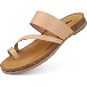 TEMOFON Women Summer Flip Flops: Genuine Leather Sandals, Cork Footbed, Comfortable Arch Support, Black/White/Brown/Nude Thong Sandals Size 5-11(6103-nude)