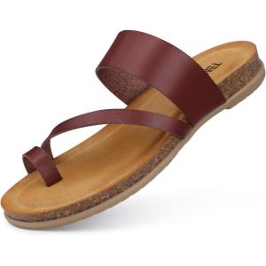 TEMOFON Women Summer Flip Flops: Genuine Leather Sandals, Cork Footbed, Comfortable Arch Support, Black/White/Brown/Nude Thong Sandals Size 5-11(6103-red Brown)