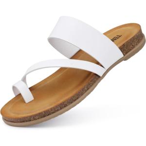 TEMOFON Women Summer Flip Flops: Genuine Leather Sandals, Cork Footbed, Comfortable Arch Support, Black/White/Brown/Nude Thong Sandals Size 5-11(6103-white)