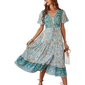 TEMOFON Women’s Boho Dress Summer Floral Print Short Sleeve V Neck Casual Long Maxi Dresses Blue L