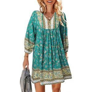 TEMOFON Women’s Boho Mini Dress: Summer Floral 3/4 Long Sleeve V Neck Flowy Loose Casual Beach Dresses(55-green)