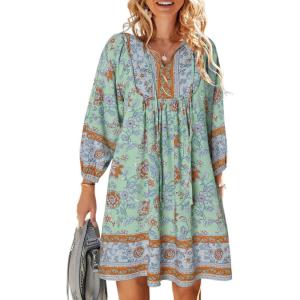TEMOFON Women’s Boho Mini Dress: Summer Floral 3/4 Long Sleeve V Neck Flowy Loose Casual Beach Dresses(55-green Orange)