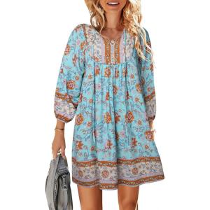 TEMOFON Women’s Boho Mini Dress: Summer Floral 3/4 Long Sleeve V Neck Flowy Loose Casual Beach Dresses(55-light Blue)