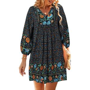 TEMOFON Women’s Boho Mini Dress: Summer Floral 3/4 Long Sleeve V Neck Flowy Loose Casual Beach Dresses(55-navy Blue)