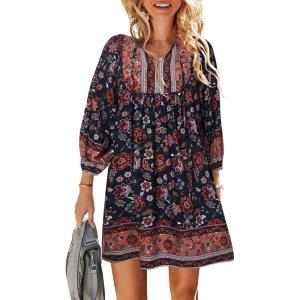 TEMOFON Women’s Boho Mini Dress: Summer Floral 3/4 Long Sleeve V Neck Flowy Loose Casual Beach Dresses(55-navy2)