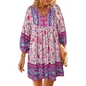 TEMOFON Women’s Boho Mini Dress: Summer Floral 3/4 Long Sleeve V Neck Flowy Loose Casual Beach Dresses(55-purple)