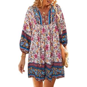 TEMOFON Women’s Boho Mini Dress: Summer Floral 3/4 Long Sleeve V Neck Flowy Loose Casual Beach Dresses(55-red)