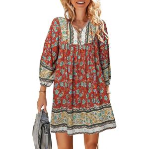 TEMOFON Women’s Boho Mini Dress: Summer Floral 3/4 Long Sleeve V Neck Flowy Loose Casual Beach Dresses(55-red2)