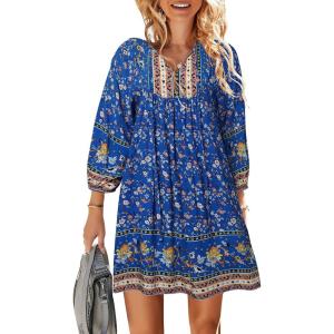 TEMOFON Women’s Boho Mini Dress: Summer Floral 3/4 Long Sleeve V Neck Flowy Loose Casual Beach Dresses(55-royal Blue)