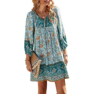 TEMOFON Women’s Boho Mini Dress: Summer Floral 3/4 Long Sleeve V Neck Flowy Loose Casual Beach Dresses(Blue)