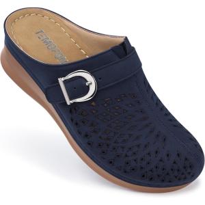 TEMOFON Womens Clogs Slip on Mules: Closed Toe Sandals Women – Summer Wedge Comfortable Shoes(41-navyblue)