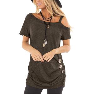 TEMOFON Womens Cold Shoulder Tops Summer Short Sleeve Tunic Dressy Casual Shirts with Side Button Coffee L