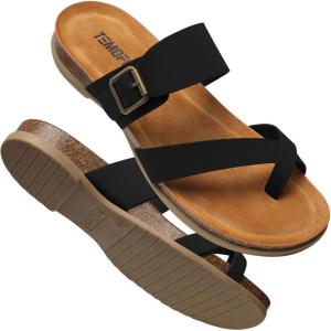 TEMOFON Womens Flat Sandals with Arch Support Adjustable Straps Comfortable Summer Walking Casual Flip Flops Size 5-11(Black)