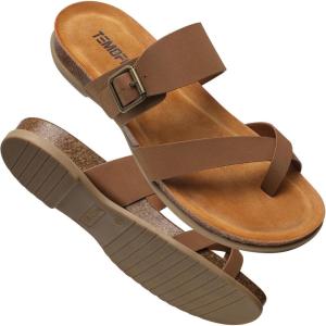 TEMOFON Womens Flat Sandals with Arch Support Adjustable Straps Comfortable Summer Walking Casual Flip Flops Size 5-11(Brown)