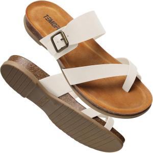 TEMOFON Womens Flat Sandals with Arch Support Adjustable Straps Comfortable Summer Walking Casual Flip Flops Size 5-11(White)