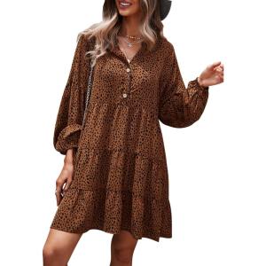 TEMOFON Womens Long Sleeve Dress: Leopard Printed Tunic Casual Loose V Neck Fall Flowy Mini Dresses S-XL(4045-brown)