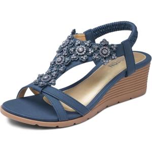 TEMOFON Women’s Low Wedge Heels Summer Dressy Platform Sandals Elastic Ankle Strap Open Toe Flower Shoes(25-navyblue)