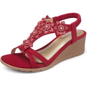 TEMOFON Women’s Low Wedge Heels Summer Dressy Platform Sandals Elastic Ankle Strap Open Toe Flower Shoes(25-red)