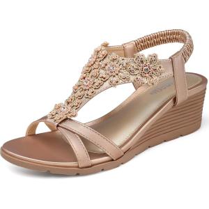 TEMOFON Women’s Low Wedge Heels Summer Dressy Platform Sandals Elastic Ankle Strap Open Toe Flower Shoes(25-rose Glod)