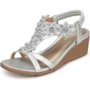 TEMOFON Women’s Low Wedge Heels Summer Dressy Platform Sandals Elastic Ankle Strap Open Toe Flower Shoes(25-silver)