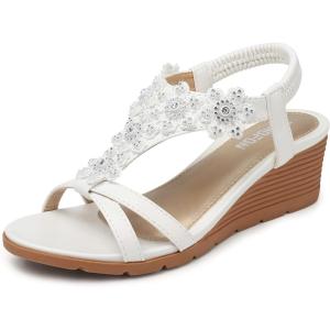 TEMOFON Women’s Low Wedge Heels Summer Dressy Platform Sandals Elastic Ankle Strap Open Toe Flower Shoes(25-white)