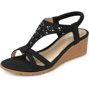 TEMOFON Women’s Low Wedge Heels Summer Dressy Platform Sandals Elastic Ankle Strap Open Toe Flower Shoes(26-black)
