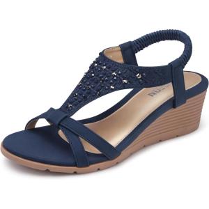 TEMOFON Women’s Low Wedge Heels Summer Dressy Platform Sandals Elastic Ankle Strap Open Toe Flower Shoes(26-darkblue)