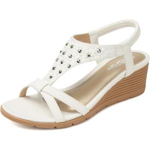 TEMOFON Women’s Low Wedge Heels Summer Dressy Platform Sandals Elastic Ankle Strap Open Toe Flower Shoes(26-white)