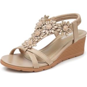 TEMOFON Women’s Low Wedge Heels Summer Dressy Platform Sandals Elastic Ankle Strap Open Toe Flower Shoes(73-apricot)
