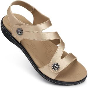 TEMOFON Womens Sandals Dressy Summer: Open Toe Comfortable Walking Flat – Arch Support Flat Sandals Size 5-11(30-champagne)