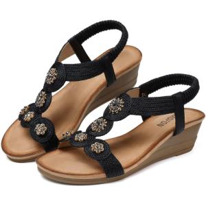 TEMOFON Womens Sandals Wedge Low: Wedge Sandal Women Dressy Summer(2-1804-black)
