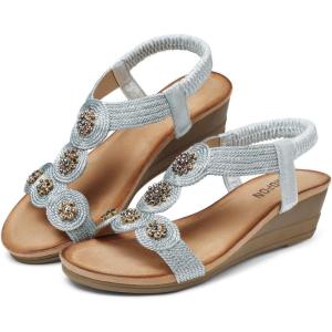 TEMOFON Womens Sandals Wedge Low: Wedge Sandal Women Dressy Summer(2-1804-silver)