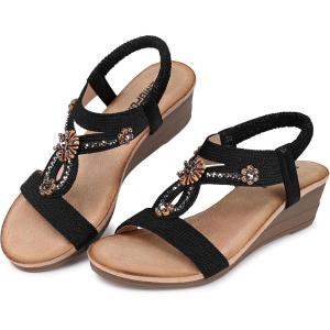 TEMOFON Womens Sandals Wedge Low: Wedge Sandal Women Dressy Summer(Black)