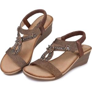 TEMOFON Womens Sandals Wedge Low: Wedge Sandal Women Dressy Summer(Brown)
