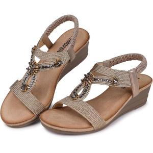 TEMOFON Womens Sandals Wedge Low: Wedge Sandal Women Dressy Summer(Champagne)