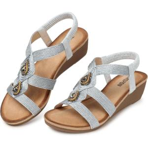 TEMOFON Womens Sandals Wedge Low: Wedge Sandal Women Dressy Summer(Silver)