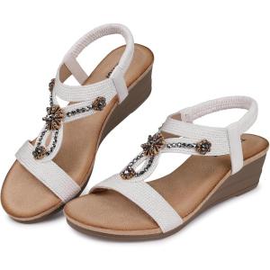 TEMOFON Womens Sandals Wedge Low: Wedge Sandal Women Dressy Summer(White)