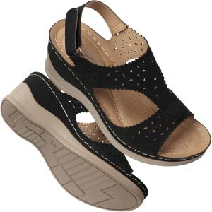 TEMOFON Womens Sandals Wedge Platform: Summer Ankle Strap Open Toe Wedge – Dressy Sandals Women – Comfortable Walking Low Sandal(2682-black)