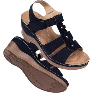 TEMOFON Womens Sandals Wedge Platform: Summer Ankle Strap Open Toe Wedge – Dressy Sandals Women – Comfortable Walking Low Sandal(Vt2671-black)