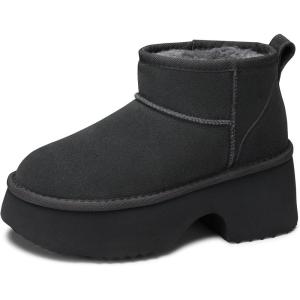 TEMOFON Womens Snow Boots for Winter: Genuine Suede Leather Warm Fur Lined Ankle Boots – Slip On Water Resistant Winter Snow Booties(64-gray)
