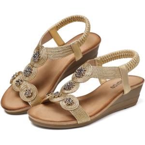 TEMOFON Womens Wedge Dressy Sandals: Elastic Ankle Strap Sandals – Summer Beach Open Toe – Comfortable Walking Sandals Champagne Size 7