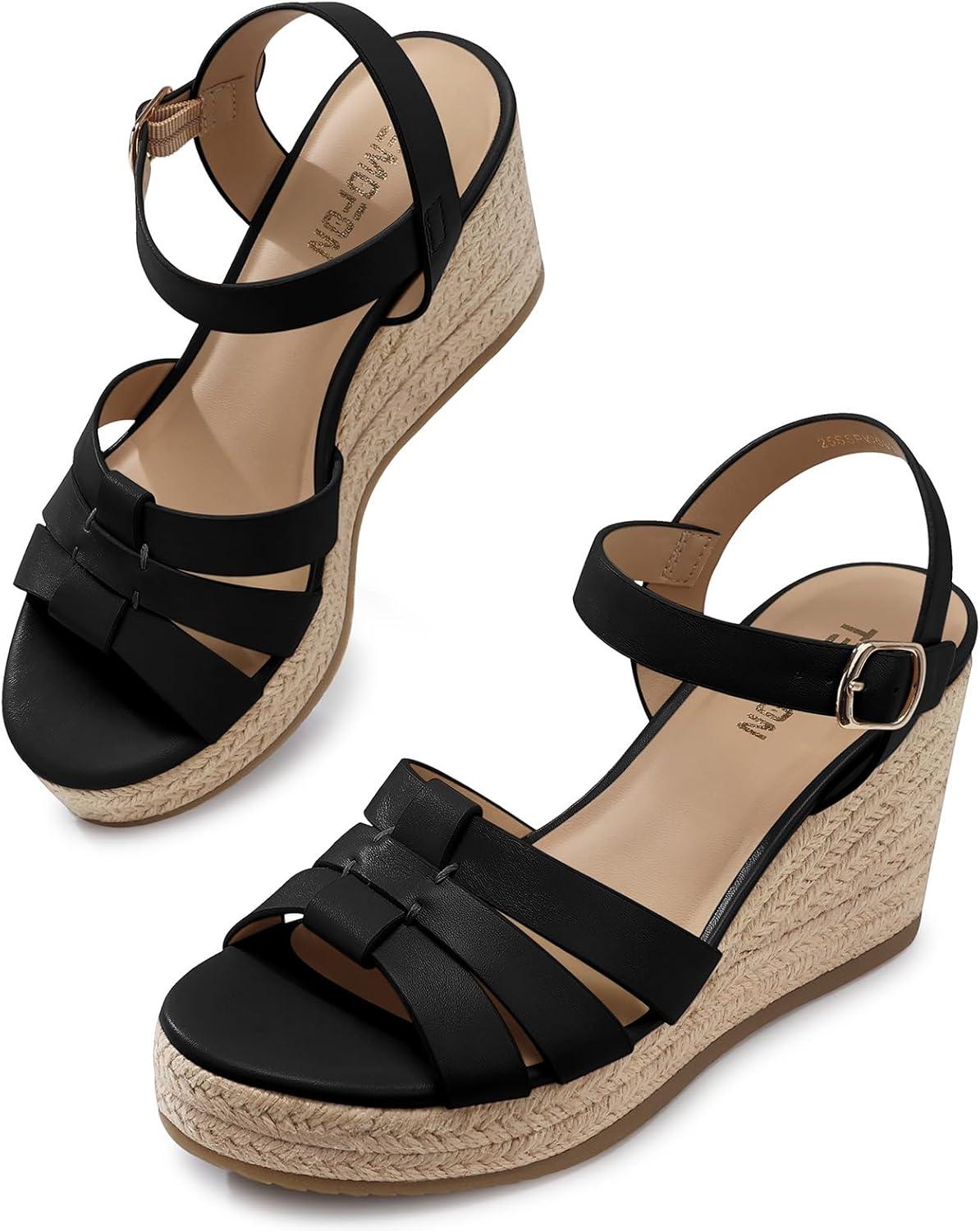 imageTEMOFON Wedge Sandals for Women Dressy Comfortable Espadrilles Wedges Summer Walking Open Toe Strappy Platform Sandals38black