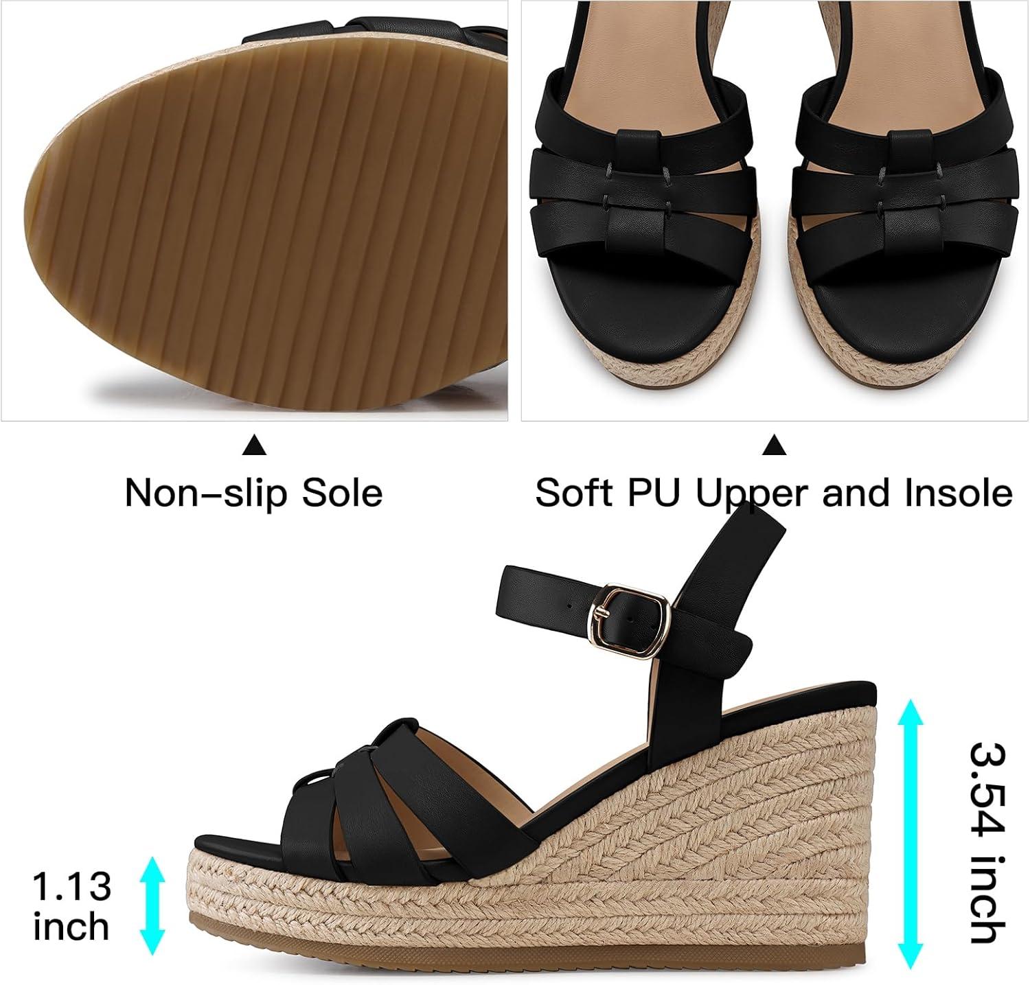 imageTEMOFON Wedge Sandals for Women Dressy Comfortable Espadrilles Wedges Summer Walking Open Toe Strappy Platform Sandals38black