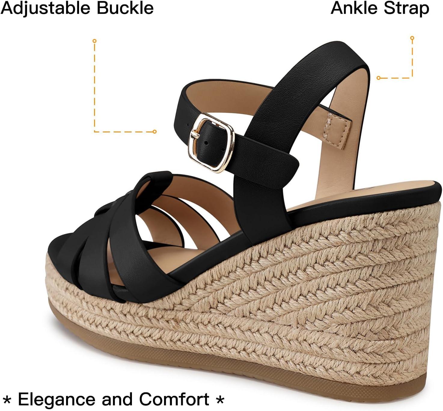 imageTEMOFON Wedge Sandals for Women Dressy Comfortable Espadrilles Wedges Summer Walking Open Toe Strappy Platform Sandals38black