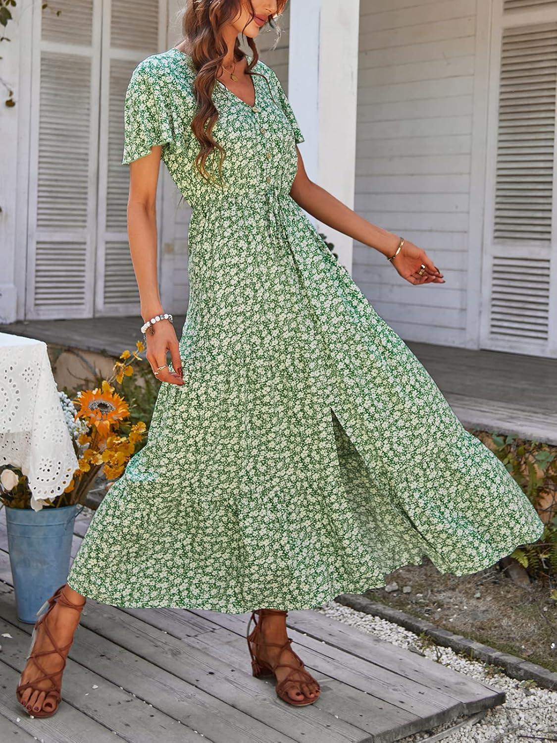 imageTEMOFON Womens Boho Maxi Dress Summer Floral Split V Neck Short Sleeve Casual Print Dresses Green L