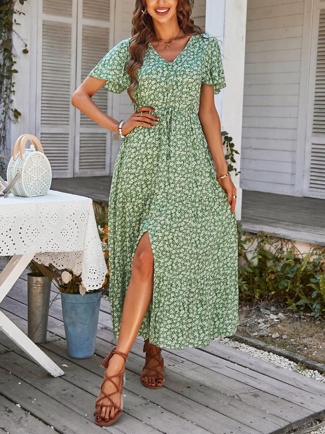 imageTEMOFON Womens Boho Maxi Dress Summer Floral Split V Neck Short Sleeve Casual Print Dresses Green L