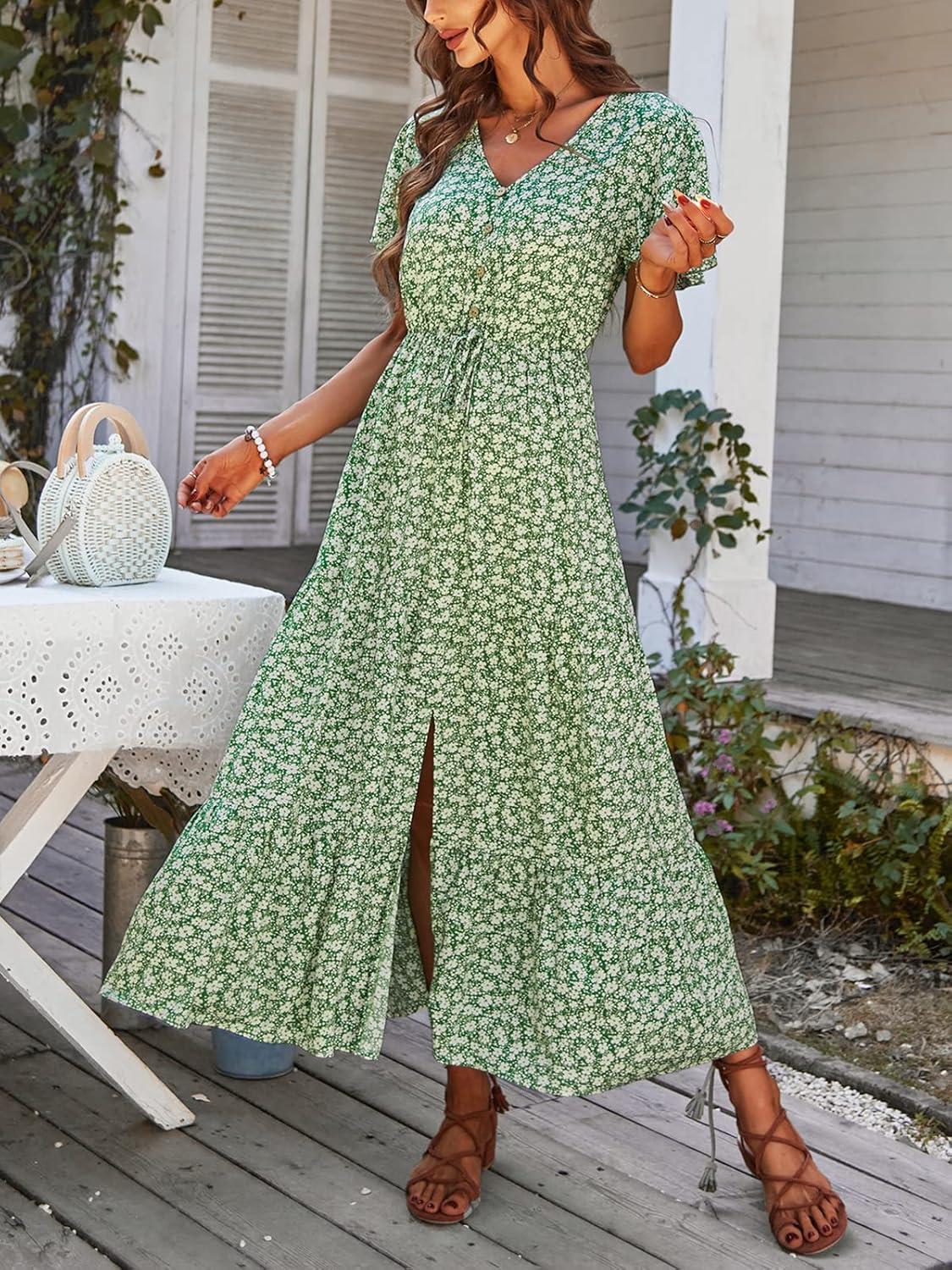 imageTEMOFON Womens Boho Maxi Dress Summer Floral Split V Neck Short Sleeve Casual Print Dresses Green L